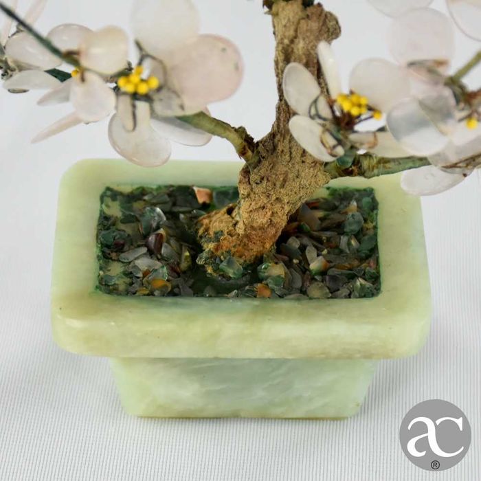 Vaso bonsai flores de amendoeira China, feito em pedra, quartzo e jade