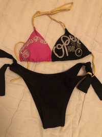 Bikini preto , peito rosa/preto