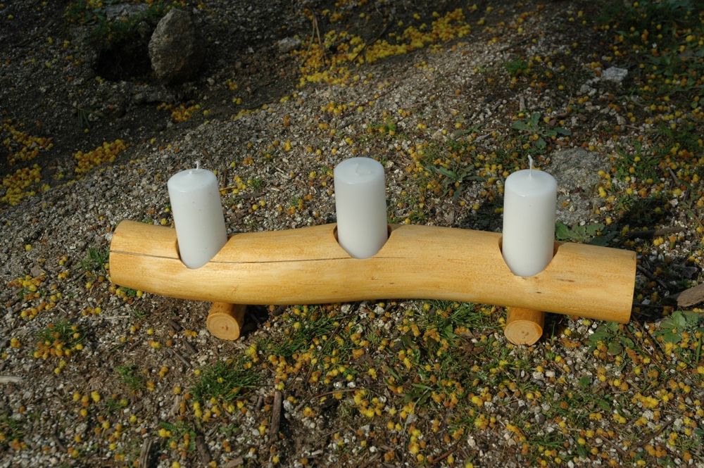 Castiçal Rústico de 3 velas em Madeira Acácia - Decoração Casa/Evento