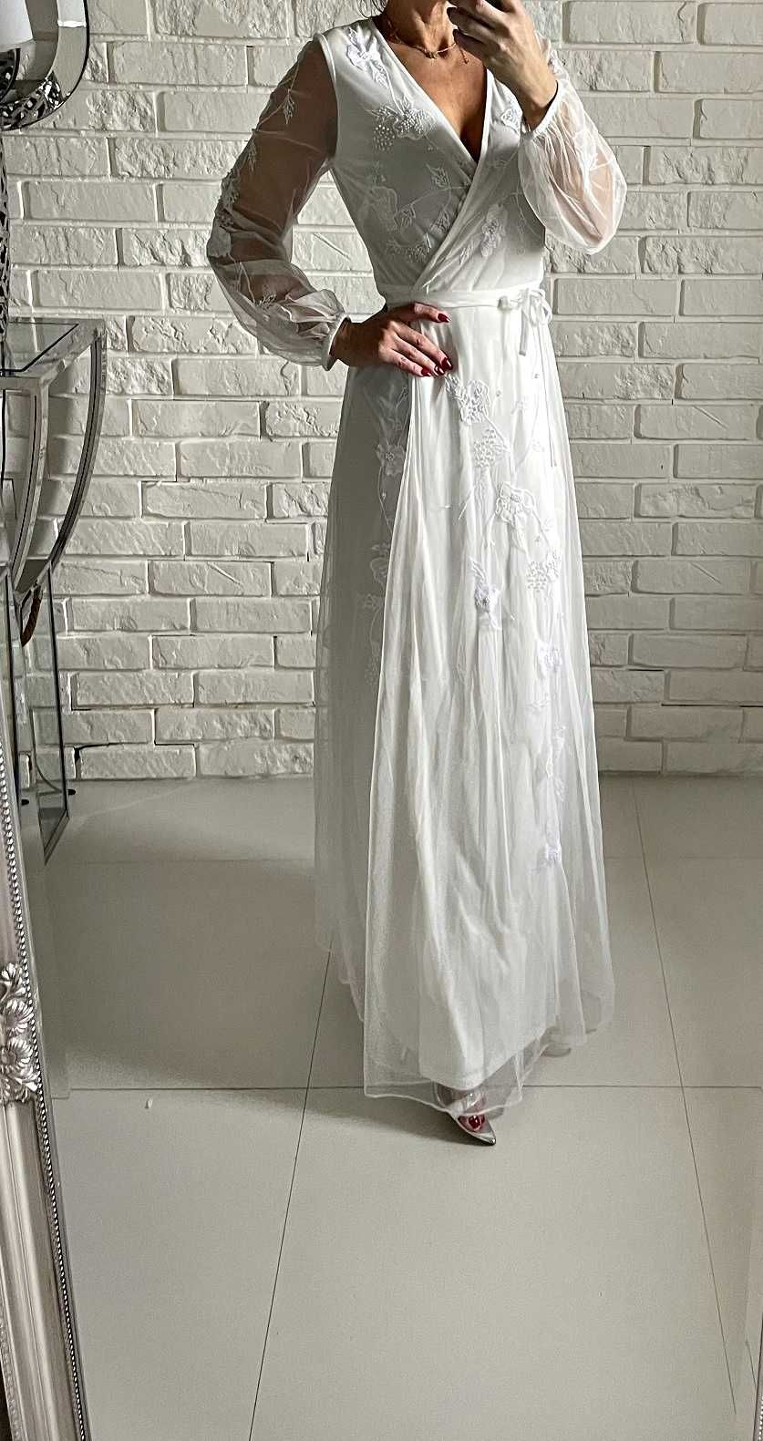 Sukienka maxi biała siateczka M L wiązana kopertowa frock asos wesele