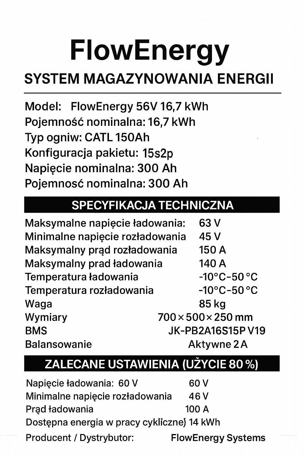 Magazyn Energii 16.7kWh 48V 60v BMS JK off-grid gotowy do podłączenia
