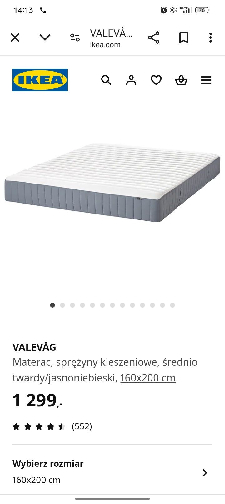 Materac IKEA VALEVÅG 160x200cm średnio twardy