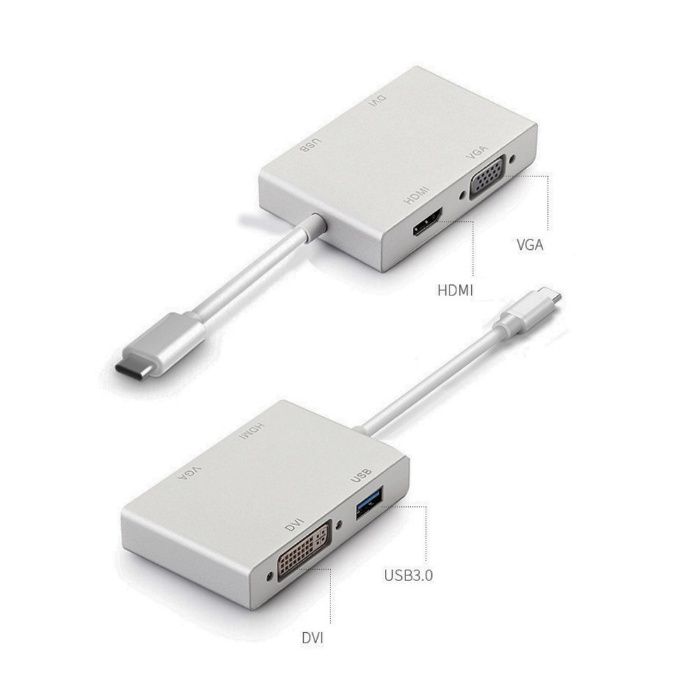 Переходник Мультипорт 4 в 1 Type-C to HDMI, VGA, DVI, USB 3.0 для Mac