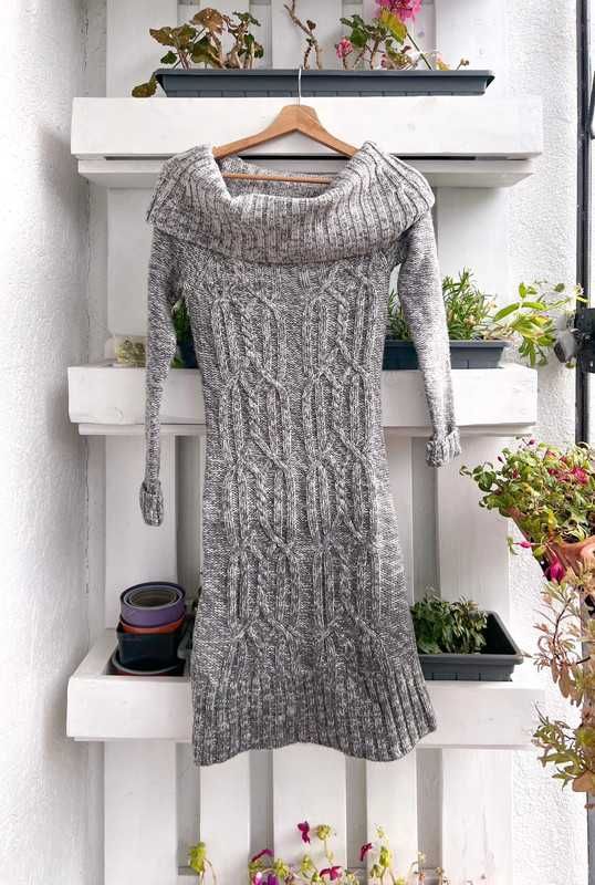 Swetrowa szara sukienka wełniana z warkoczowym splotem Vintage XS