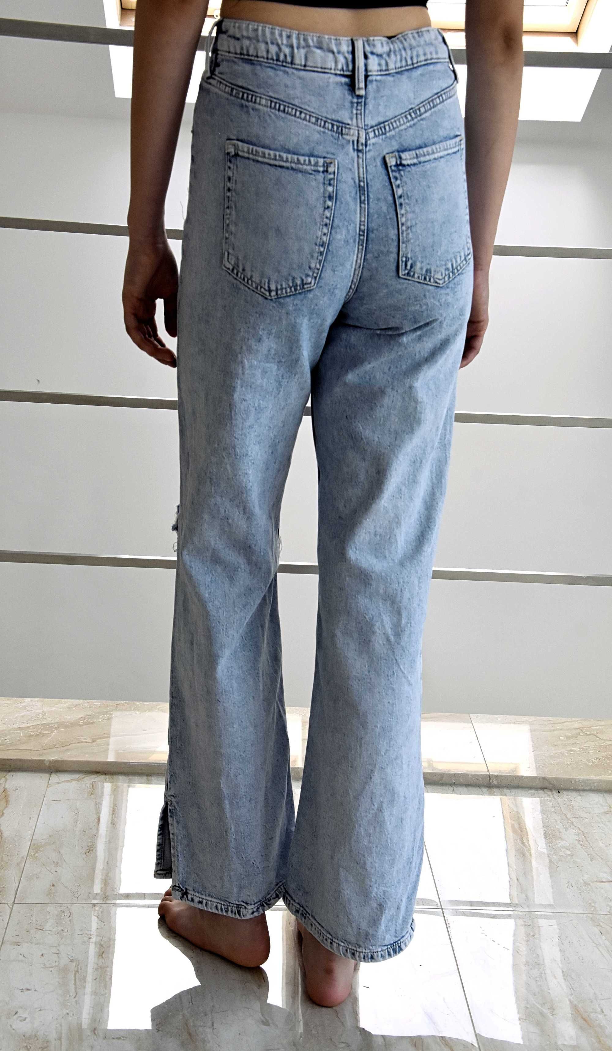 Spodnie jeansy H&M szerokie nogawki wysoki stan dziury 152cm 11-12 lat