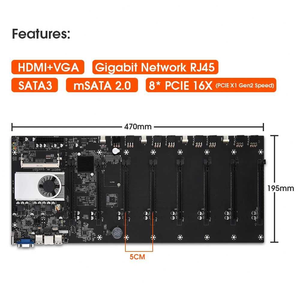 Материнская плата для майнинга BTC T37 на 8 видеокарт PCI E 16x