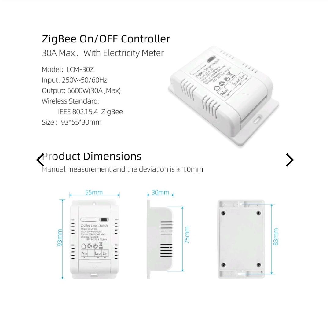 Zigbee силове реле з енергомоніторингом 30А (Tuya smart)