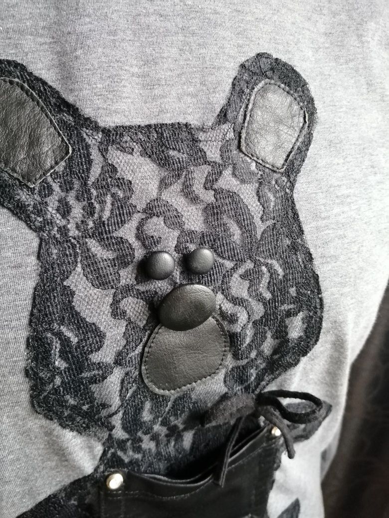 Bluzka hande made z aplikacja z koronki i skóry L XL
