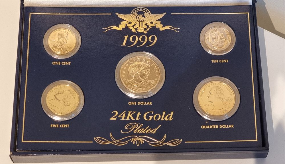5 moedas de 1, 5, 10, 25 cents e 1 dólar 24Kt gold