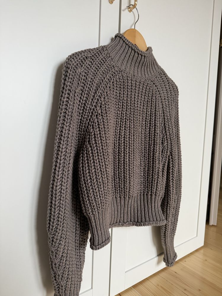 Gruby sweter H&M S/36 khaki polgolf