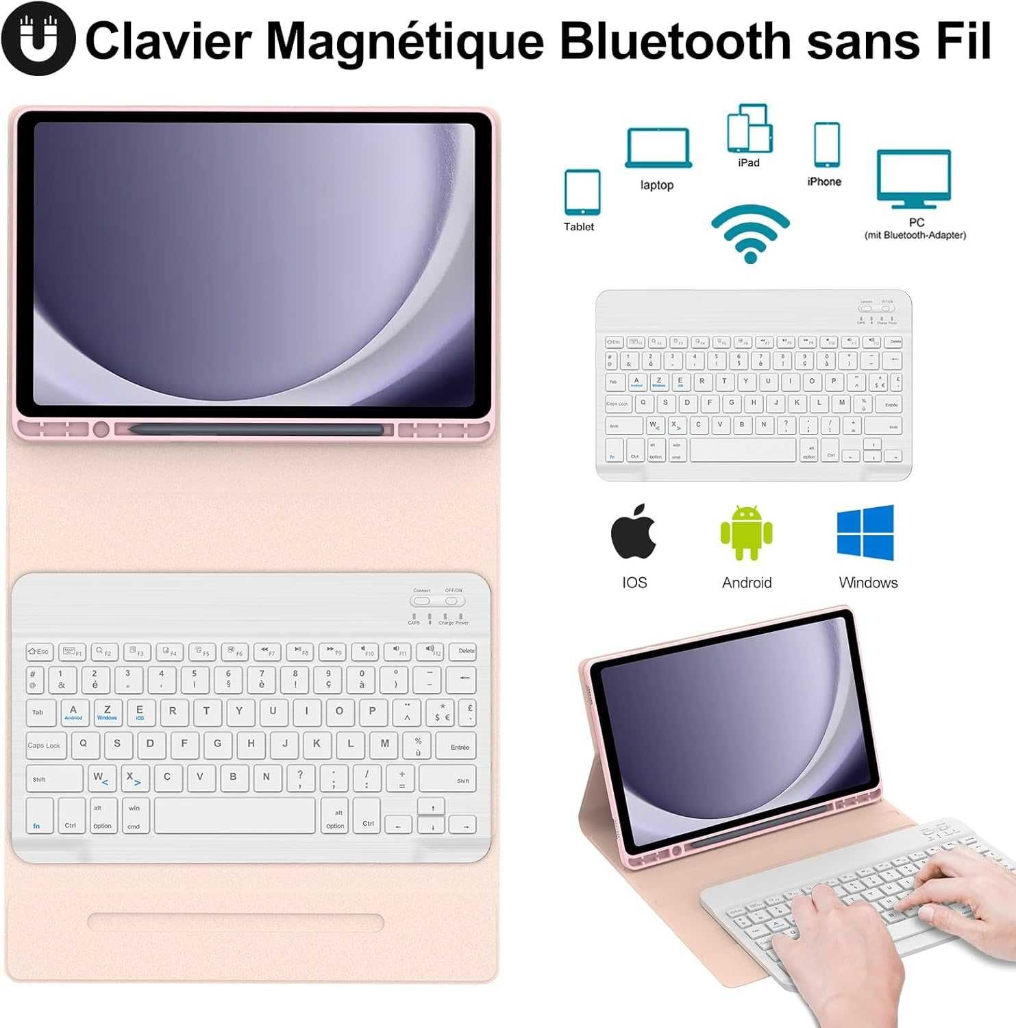 JADEMALL etui klawiatura LED RGB do Samsung Galaxy Tab A9 Plus różowe