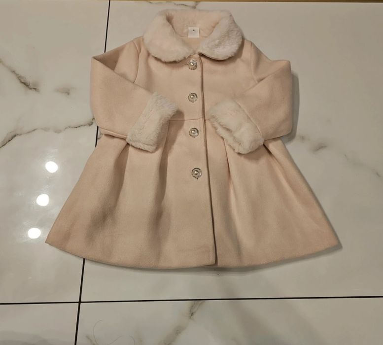 Nowy Płaszczyk elegancki święta kremowy beżowy biały futerko 86 92