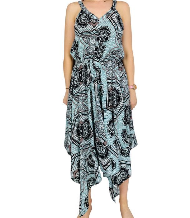 Niebieska asymetryczna sukienka na ramiączkach w ornament S 36 H&M