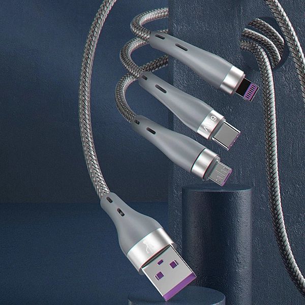Dudao 3w1 kabel Usb - Lightning / microUSB/ Usb Typ C 65w 1,2m szary (