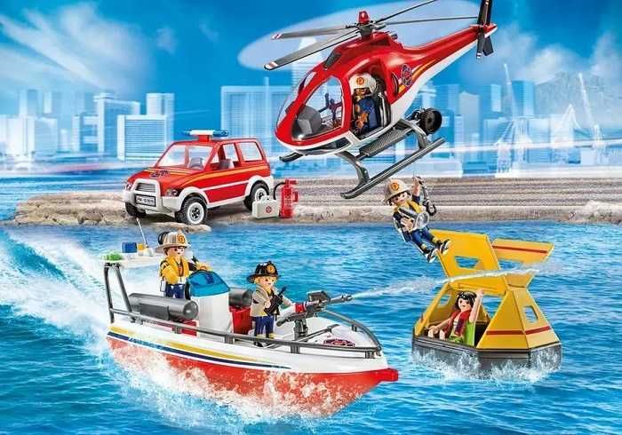 Novo Playmobil Resgate barco com Motor,  carro e helicóptero