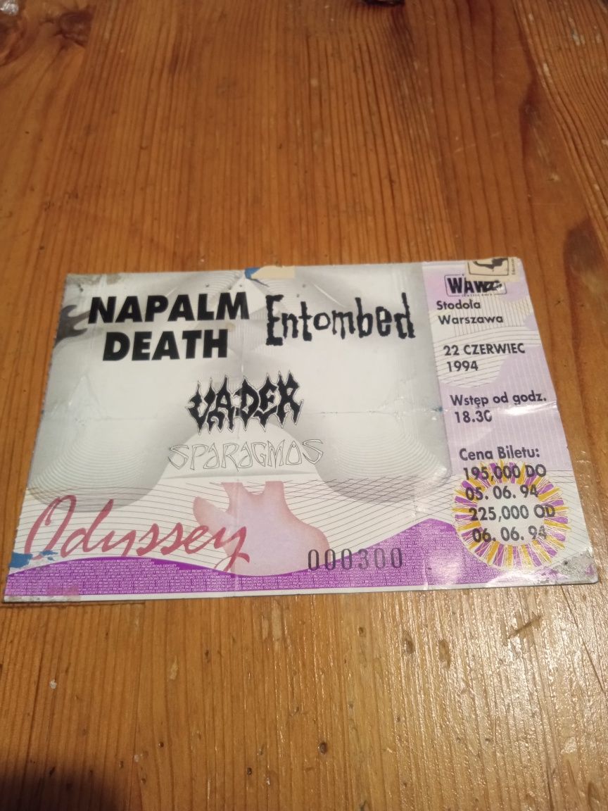 Napalm death Entombed Vader bilet kolekcjonerski