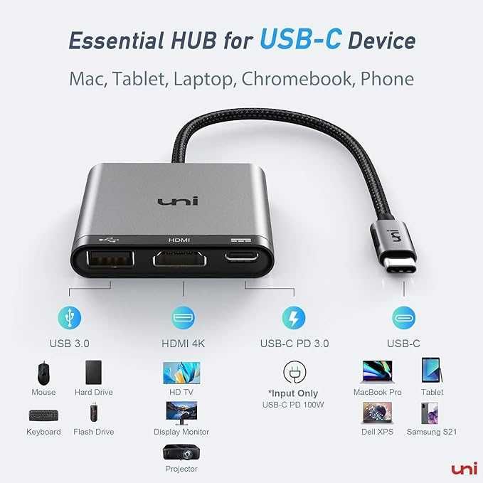 Adapter HUB Uni USB-C 3w1 HDMI USB-C  USB