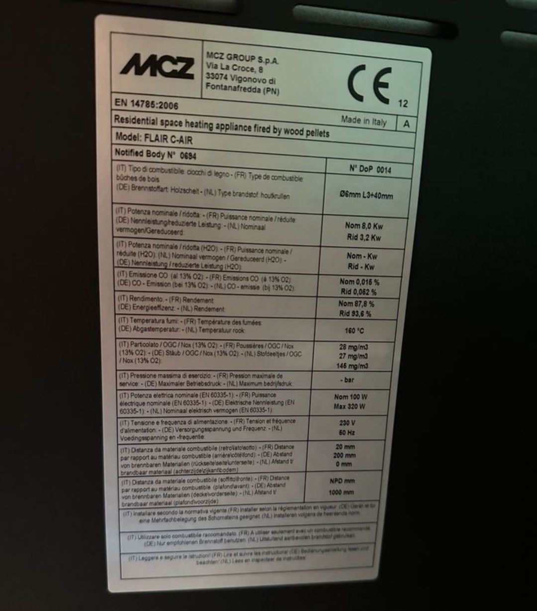 Piec, piecyk, kominek na pellet z DGP, MCZ Flair Comfort Air 8 kW