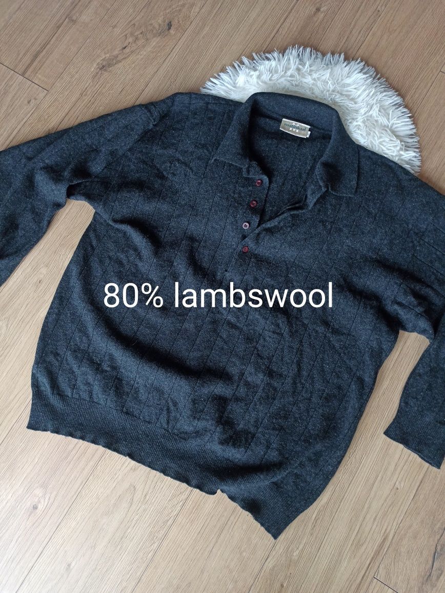 Czarny grafitowy wełniany sweter z kołnierzem Woolmark 3XL/46 lambswoo