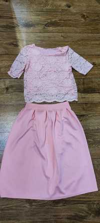Komplet różowy cukierkowy spódnica midi bluzka koronkowa