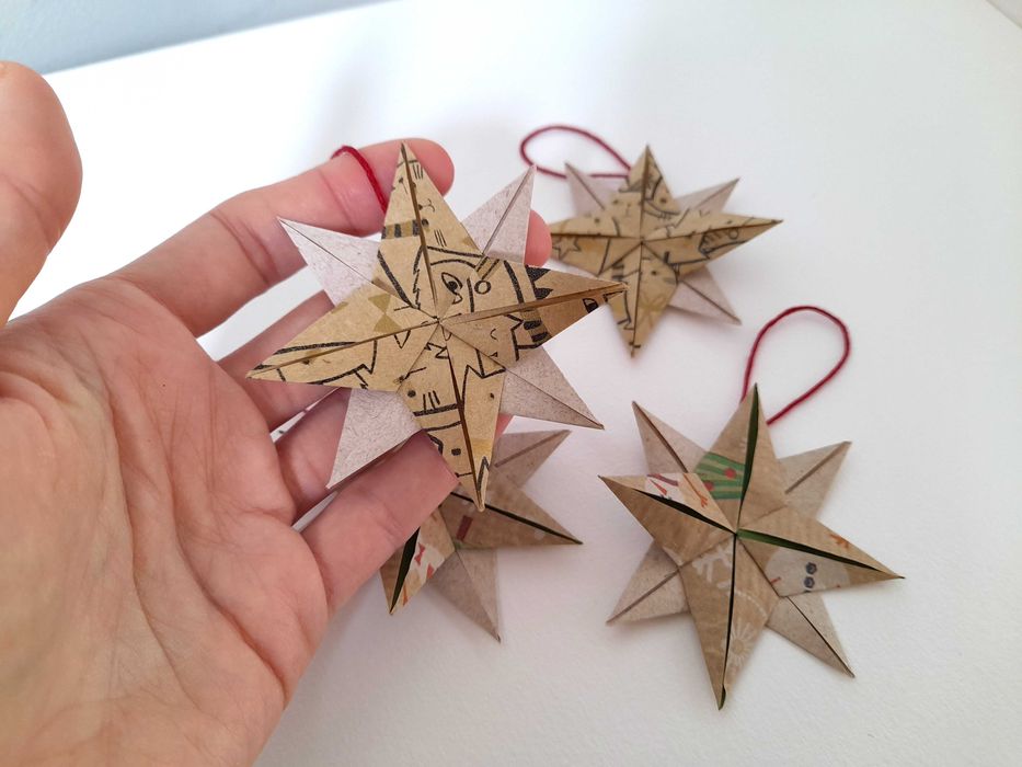 Enfeites para árvore de Natal, estrelas de oito pontas, decoração