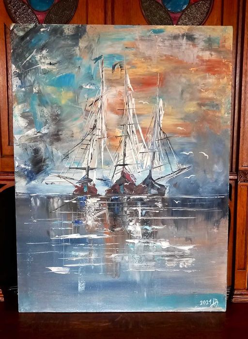 Artur Borkowski obraz olejny pejzaż morski, żaglowce, marynistyka