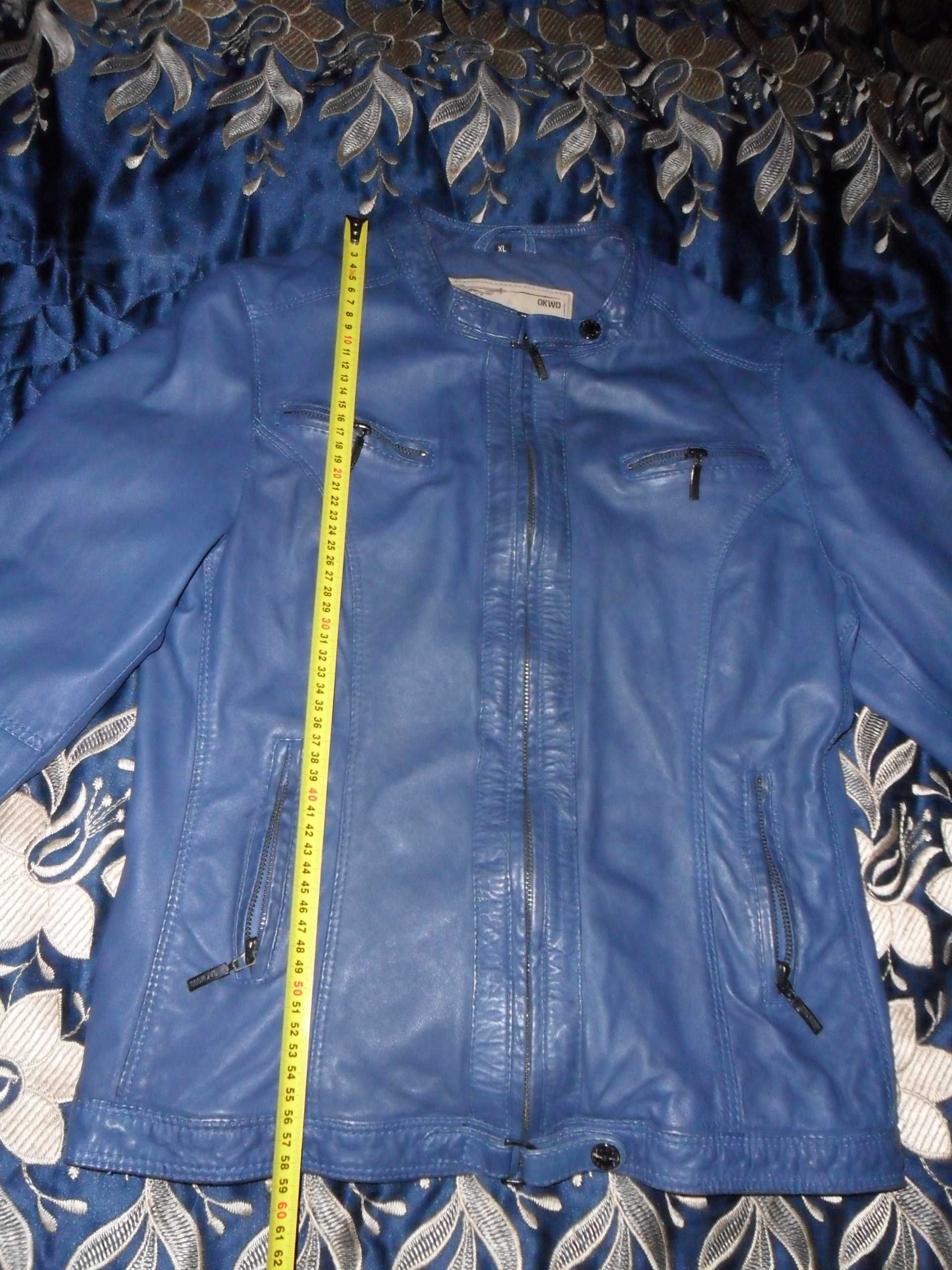 Кожаная синяя куртка-косуха 42-44 р, шкіряна жіноча куртка