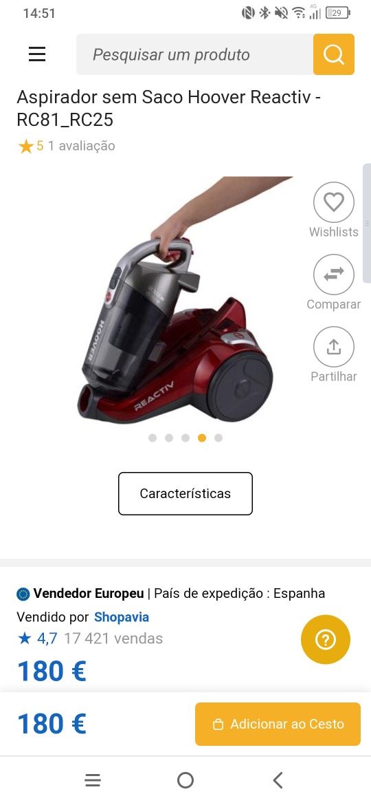 Aspirador sem saco Hoover