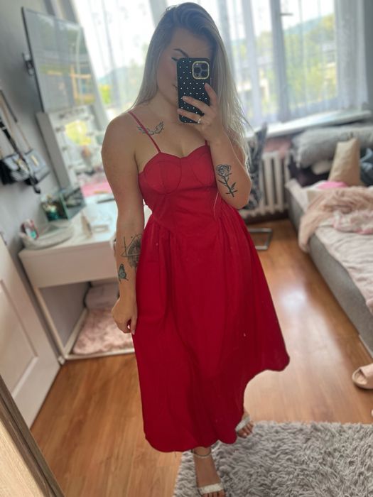 Nowa piekna sukienka dluga czerwona gorsetowa wesele studniowka L