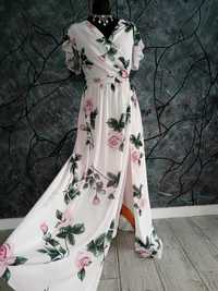 Długa suknia w kwiaty rozmiar 48 4xl na wesele komunie chrzciny