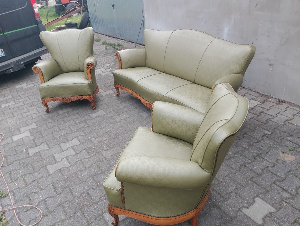 Stylowy wypoczynek ludwik 3+1+1 w dębowym stelażu