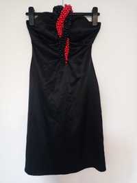 czarna satynowa sukienka z koralami XXS XS jak nowa elegancka