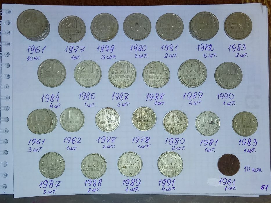 Продам монети 10, 15 та 20 копеек времен СРСР, цена договорная.