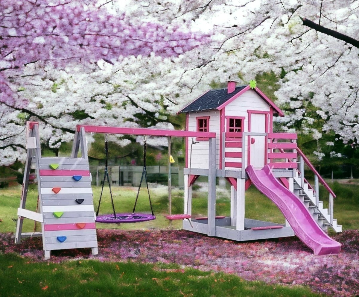 Plac zabaw "prosty" domek dla dzieci. Rozm. L. Huśtawki, wspinaczka