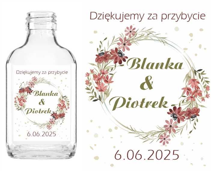 Buteleczka setka z naklejką WESELE ŚLUB na wódkę weselną 50 sztuk
