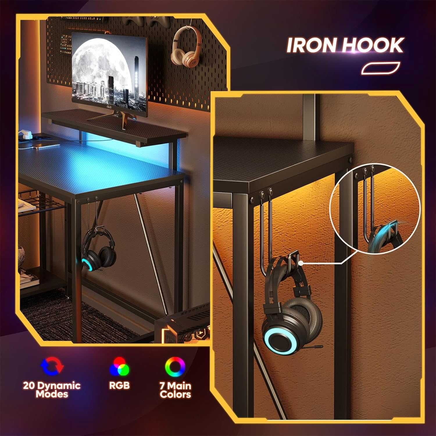 Mesa de gaming secretária preto fibra carbono   3 tamanhos/LED/tomadas