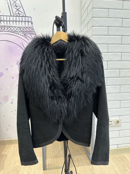 Дизайнерська натуральна дублянка, комір - єнот