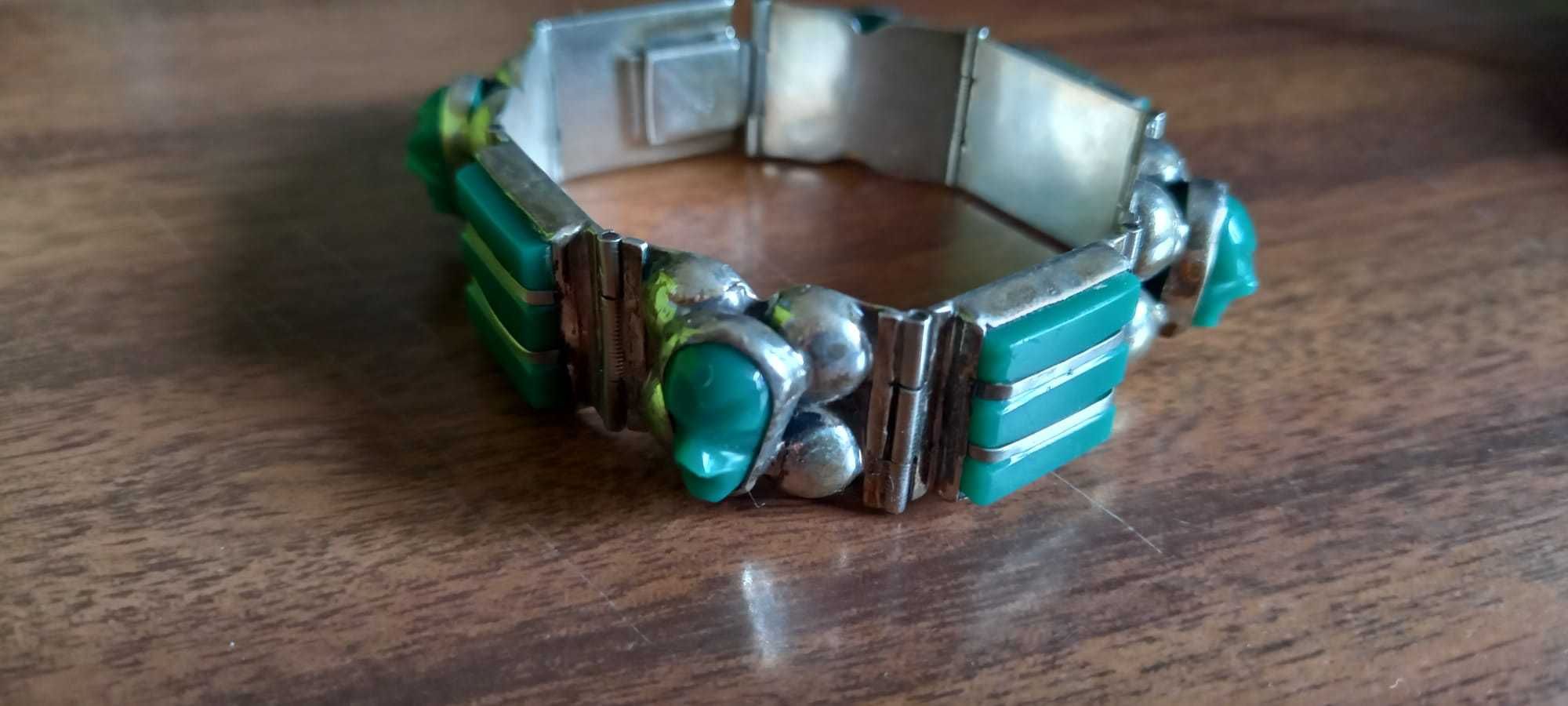 Pulseira rara em prata e pedras verdes, dos anos 50 - vintage