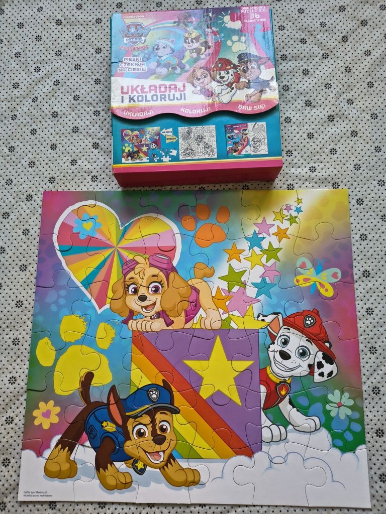 Puzzle psi patrol dwustronne do kolorowania 36 elementów+ gratis