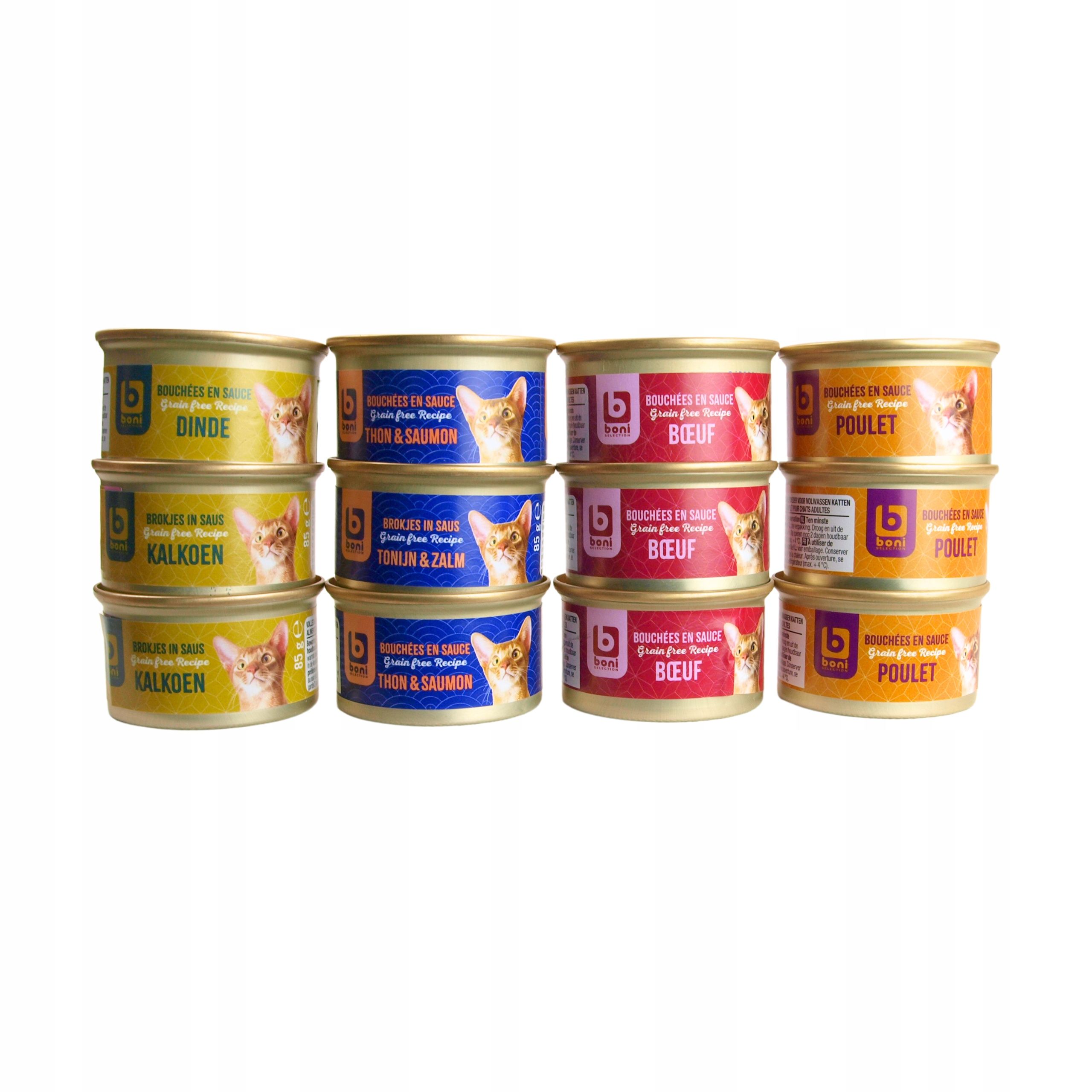 48 x Karma Mokra Boni Selection dla Kotów, Cztery Smaki, 85g