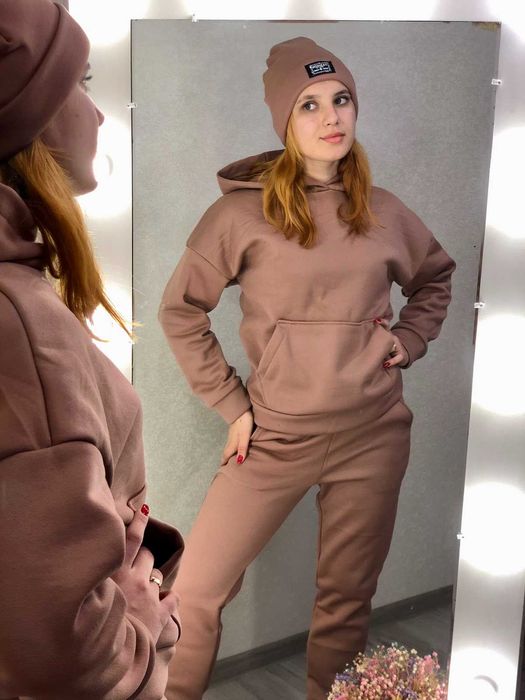 Жіночий теплий костюм трійка  + шапочка тринитка на флісі