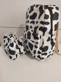 Plecak + torebka plamy ciapki biało czarne krowa