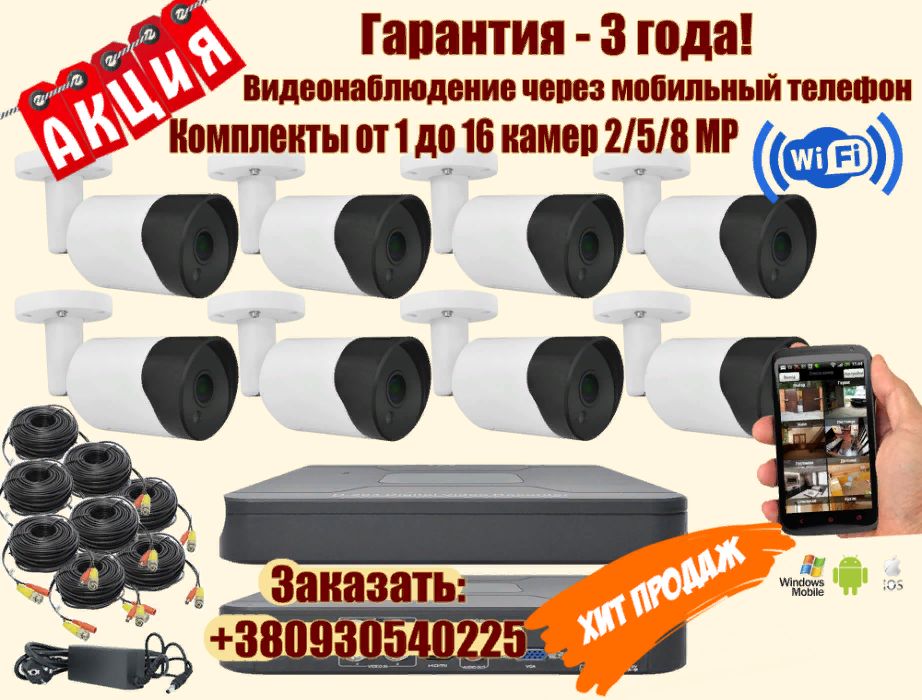 Система видеонаблюдения/комплект FullHD/IP/WiFi камера Установка