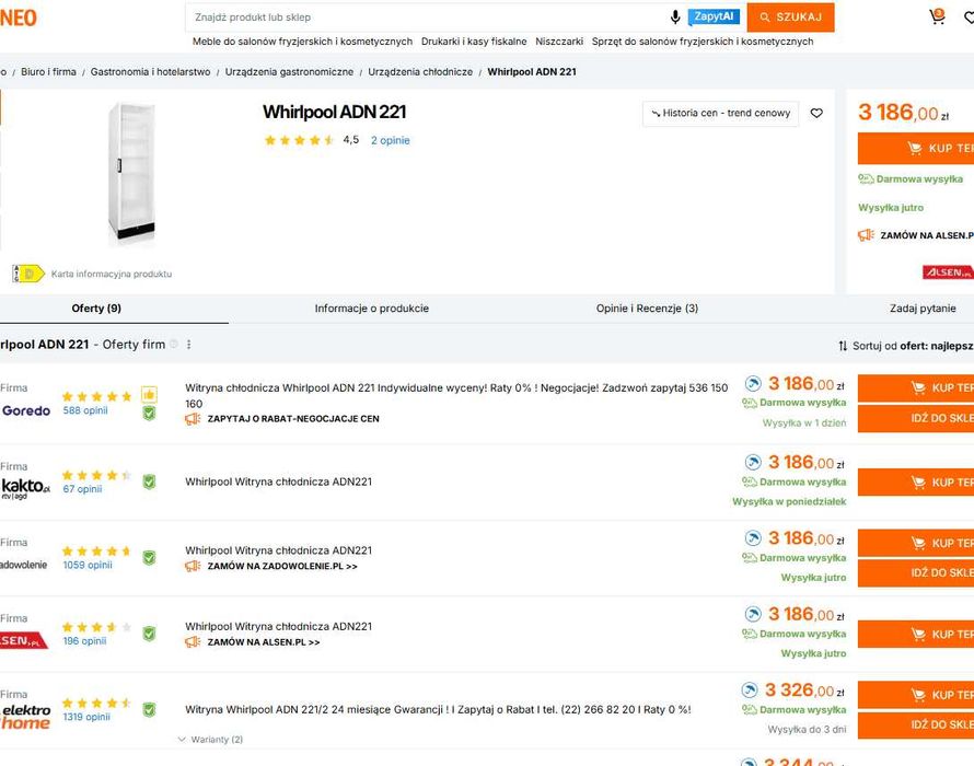 OUTLET Nowa Whirlpool lodówka Witryna chłodnicza ADN221 M1 &