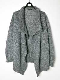Gruby kardigan sweter szary długi rękaw dzianinowy Terranova L
