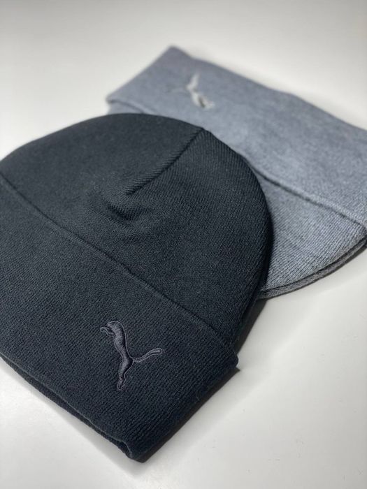 Мужская шапка Puma зимняя с флисом Пума с подворотом Серая/Черная Пума