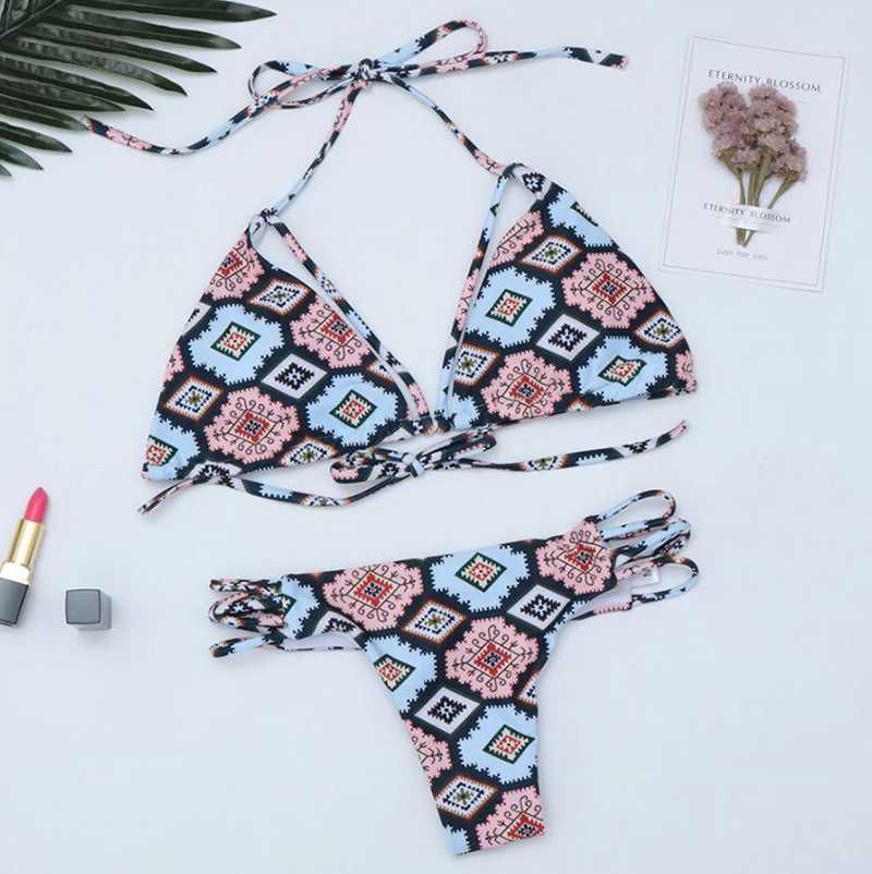 Bikini Stringi BOHO Strój Kąpielowy Wiązany Kostium Dwuczęściowy S