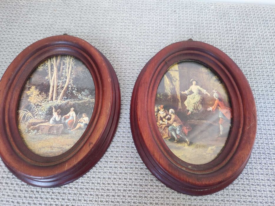 Retro dwa obrazki owalne w drewnianych ramkach pejzaże