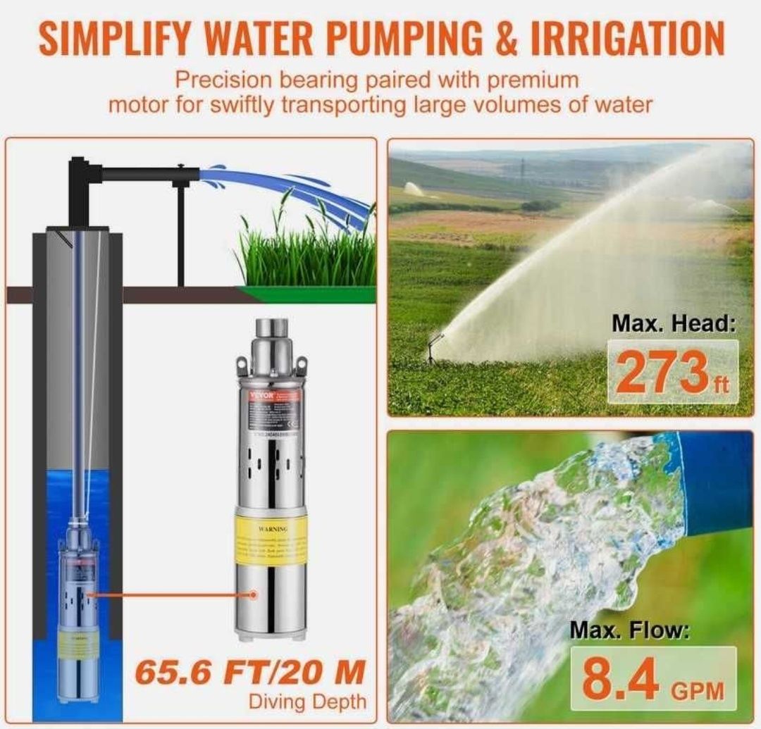 Bomba de Agua Submersível Solar 48V 369W 1900L/H