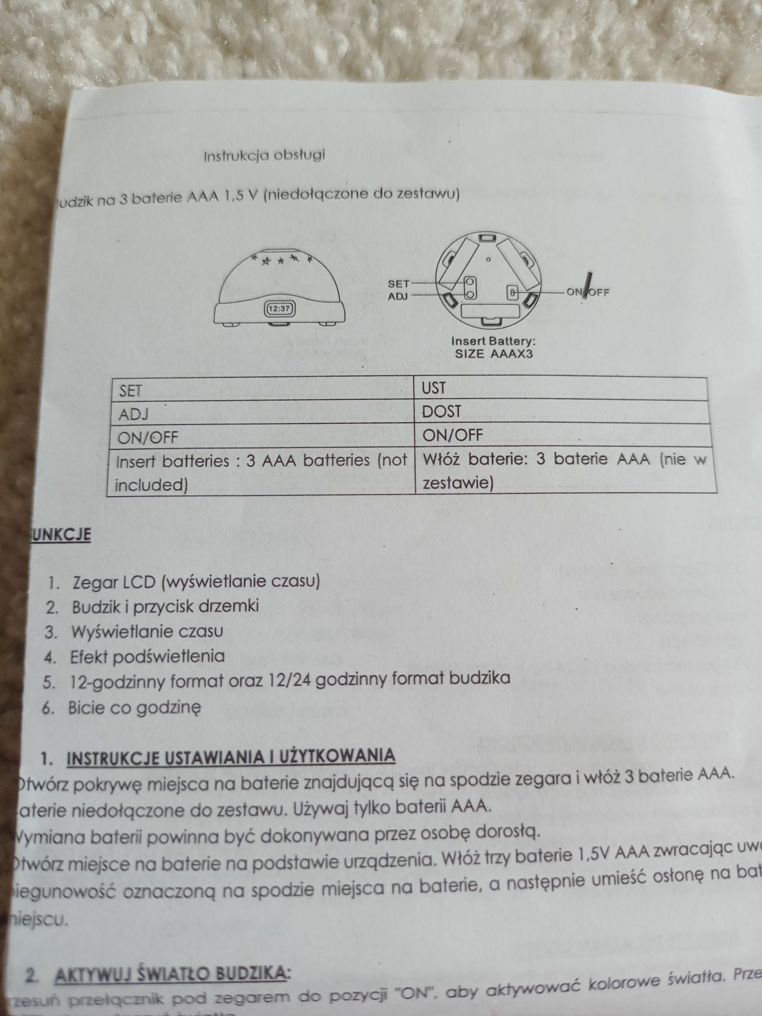 Lampka nocna ,projektor budzik